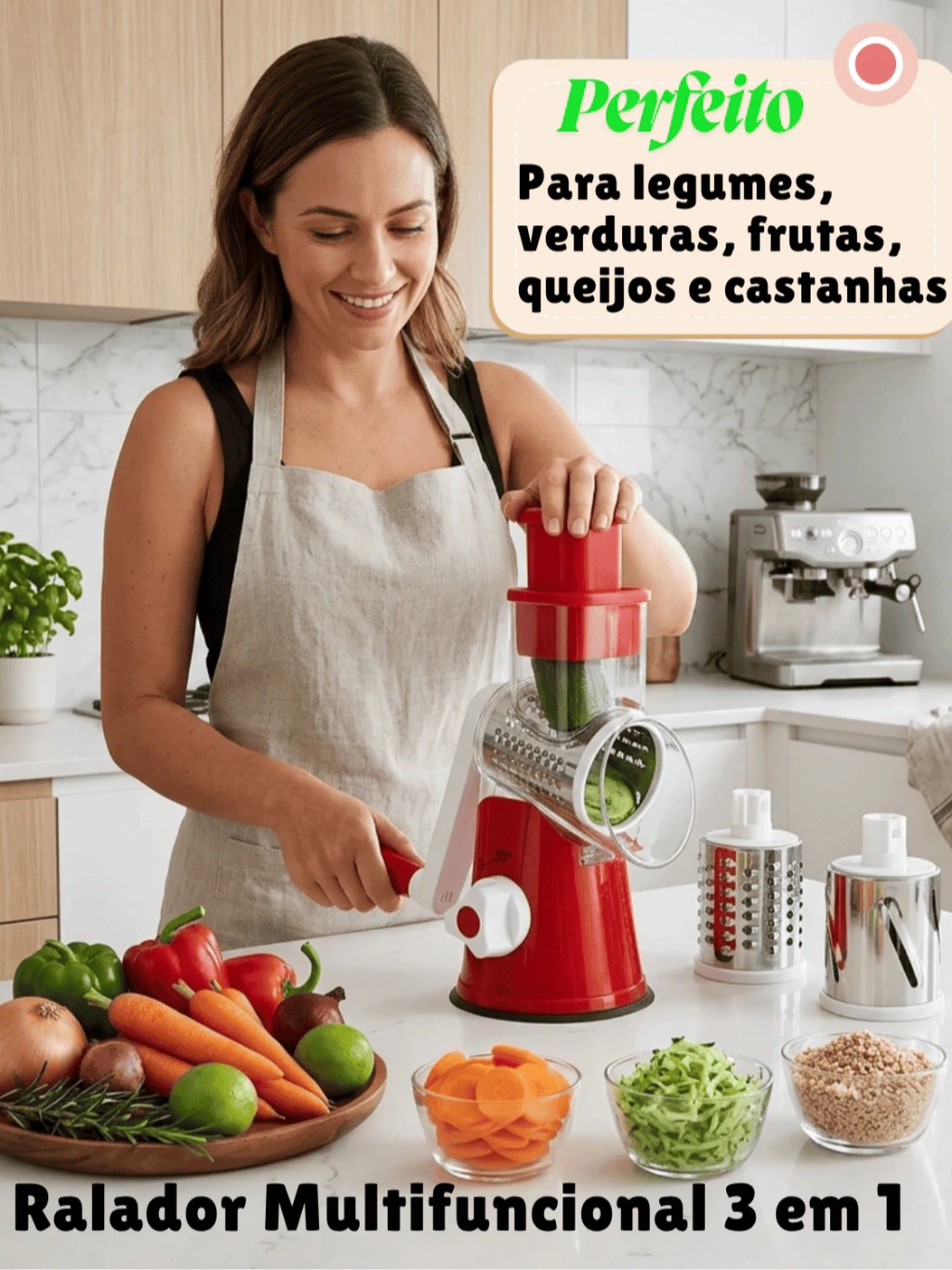 Ralador Multifuncional 3 em 1 Manual Corta Rala Fatia Legumes Queijo Verduras Rápido Cortador Rotativa Prático
